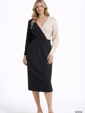 Express Colorblock V-Neck Long Sleeve Knit Midi Dress in Black and Cream